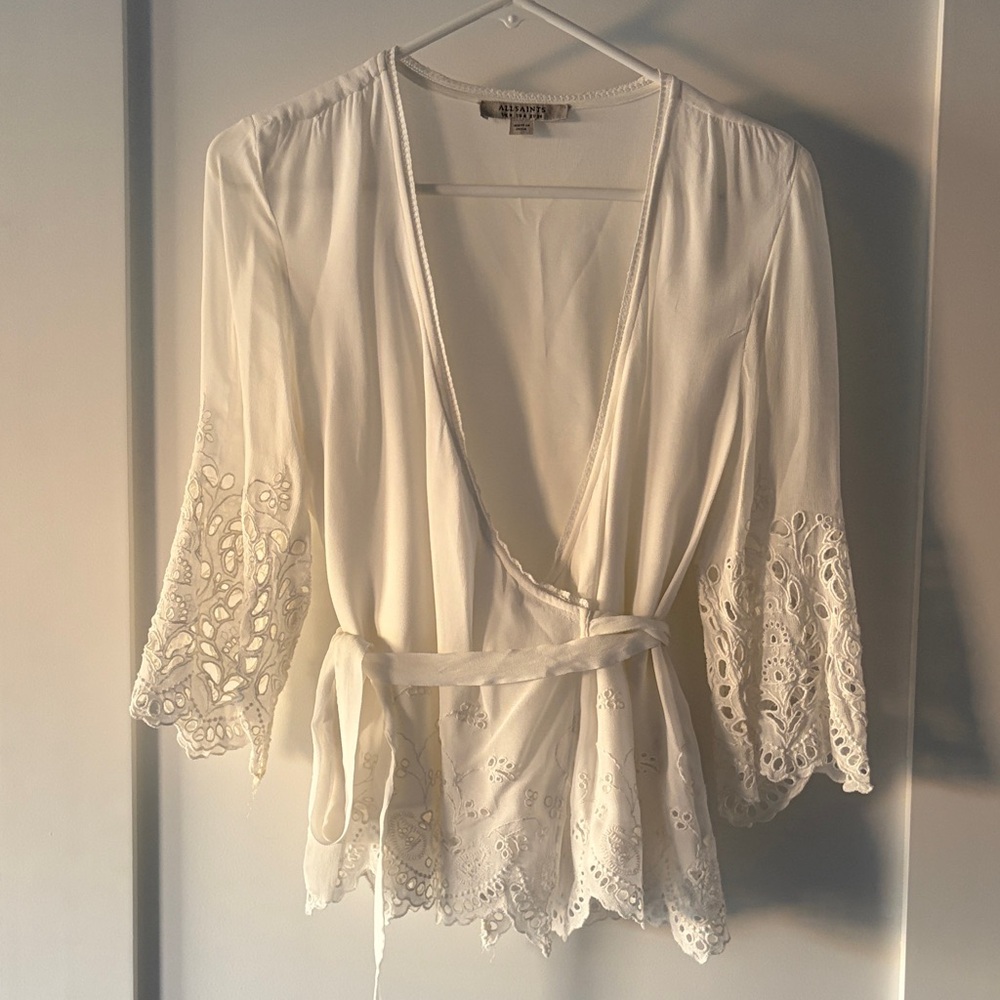 Sheer White Lace Trim Wrap Blouse - feminine and sexy